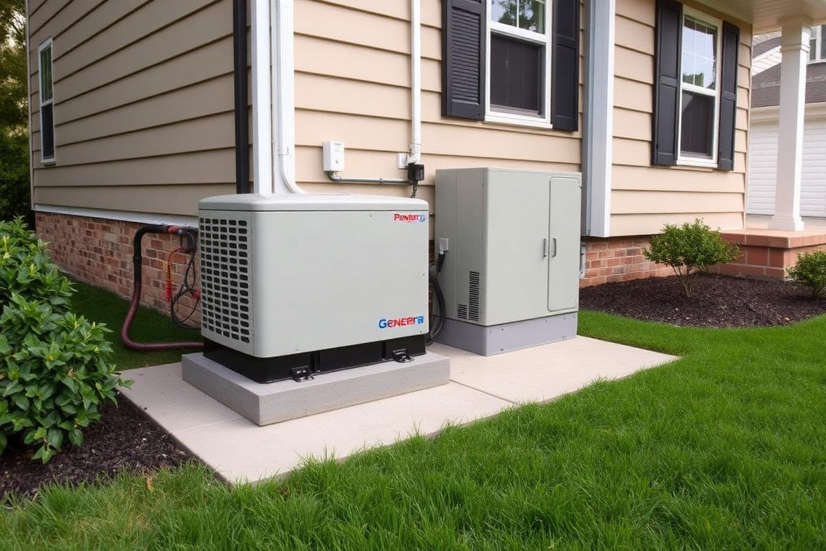 Technician servicing a standby generator beside a home